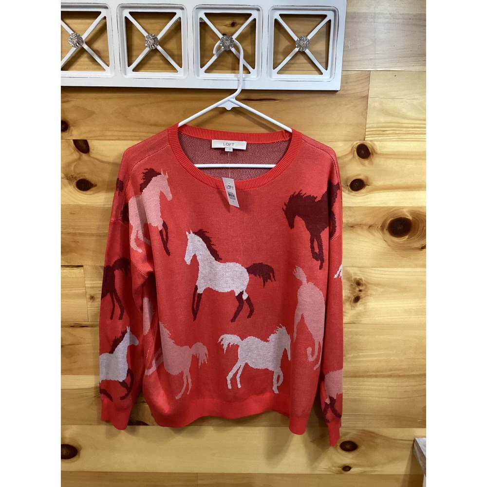 LOFT Women Medium Orange Horse Print Crew Neck Sweater Long Sleeve Pullover NWT